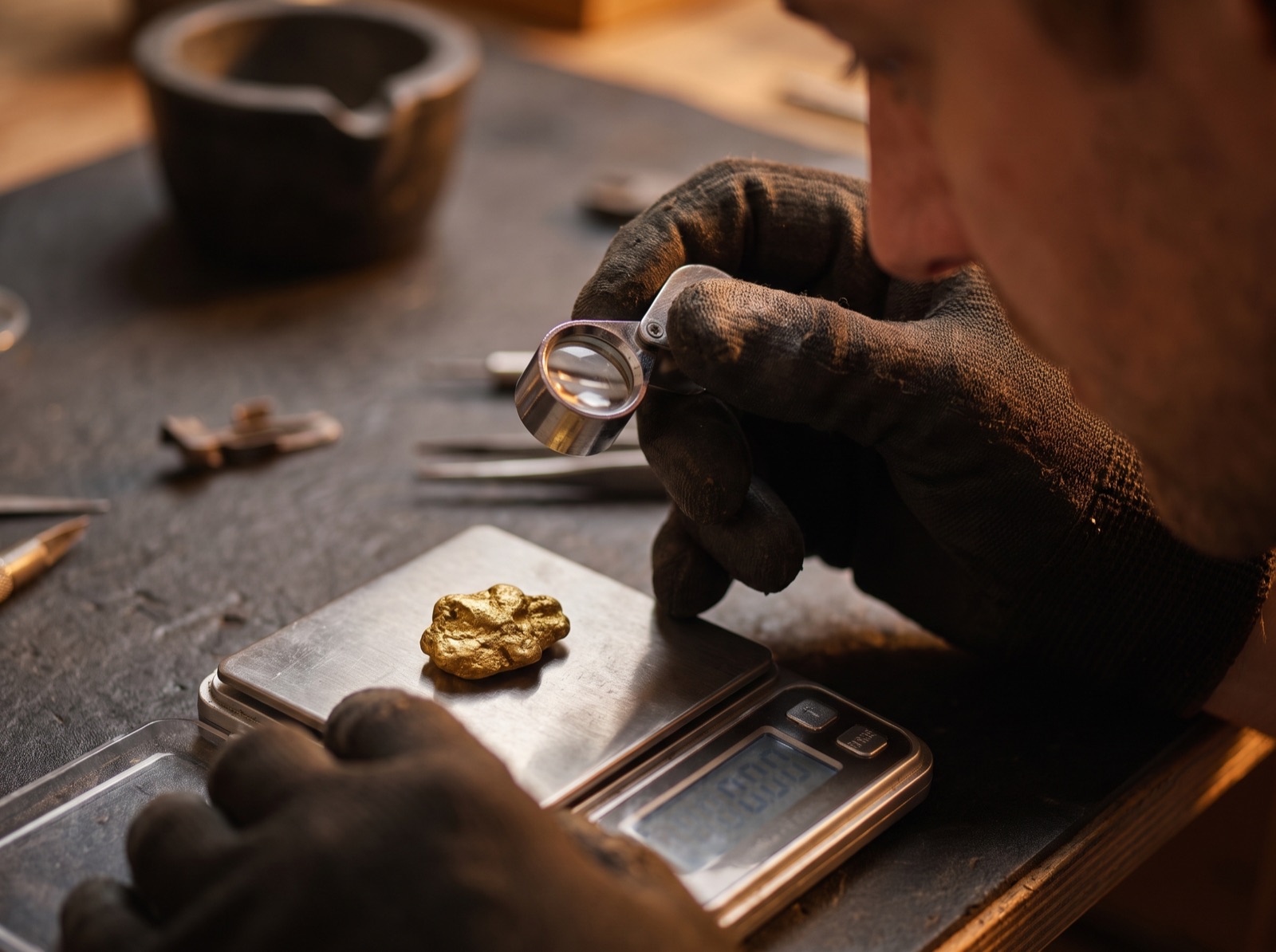 Gold weighed and inspected under a jeweler's loupe during the verification process